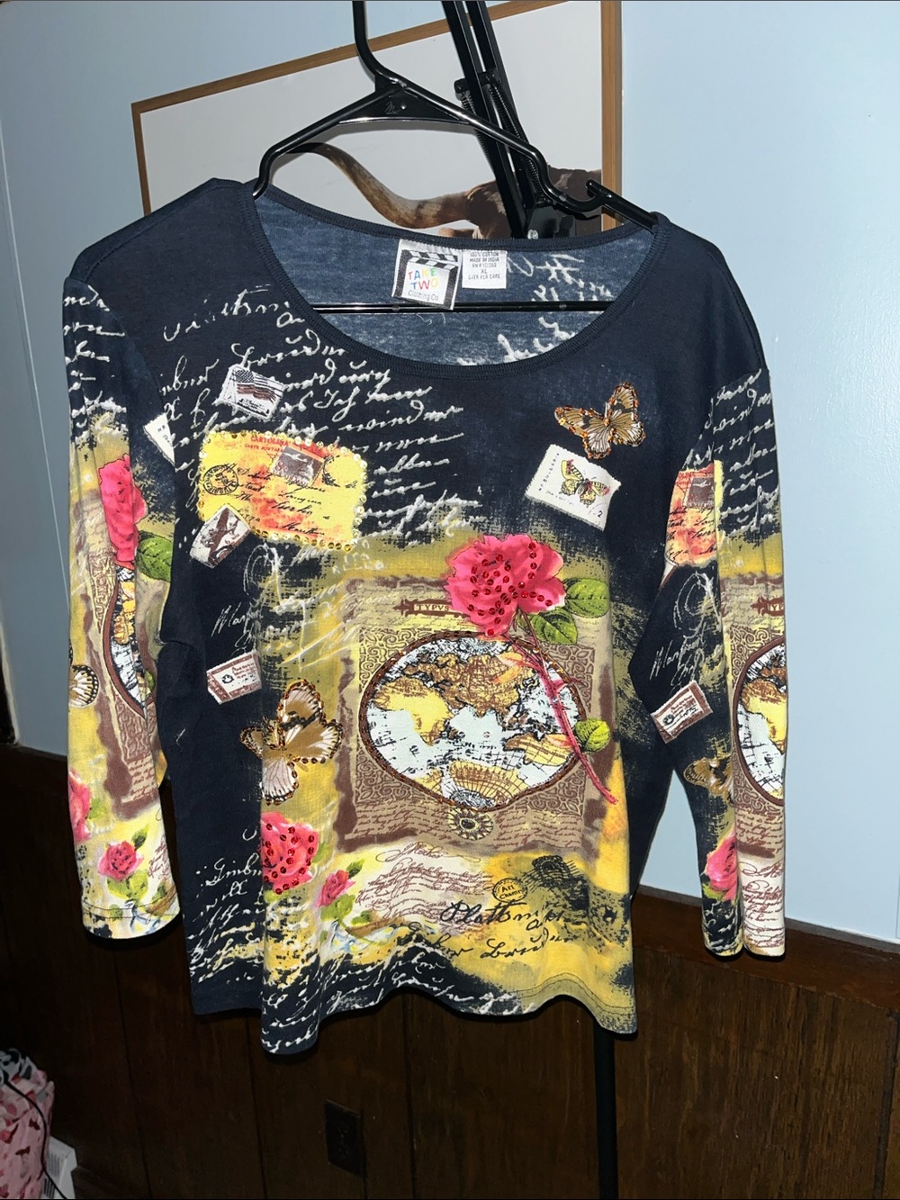 Black Long Sleeve Scoop Neck Printed Tee with Floral & Map Motifs